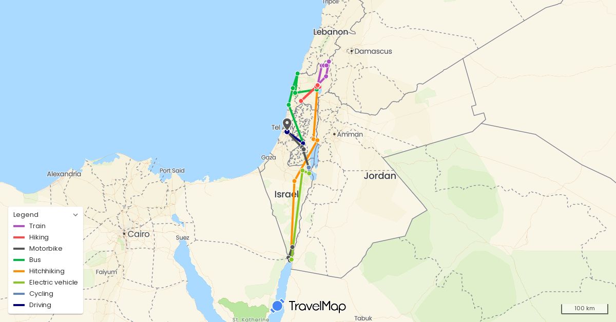 TravelMap itinerary: driving, bus, cycling, train, hiking, hitchhiking, motorbike, electric vehicle in Israel, Palestinian Territories (Asia)